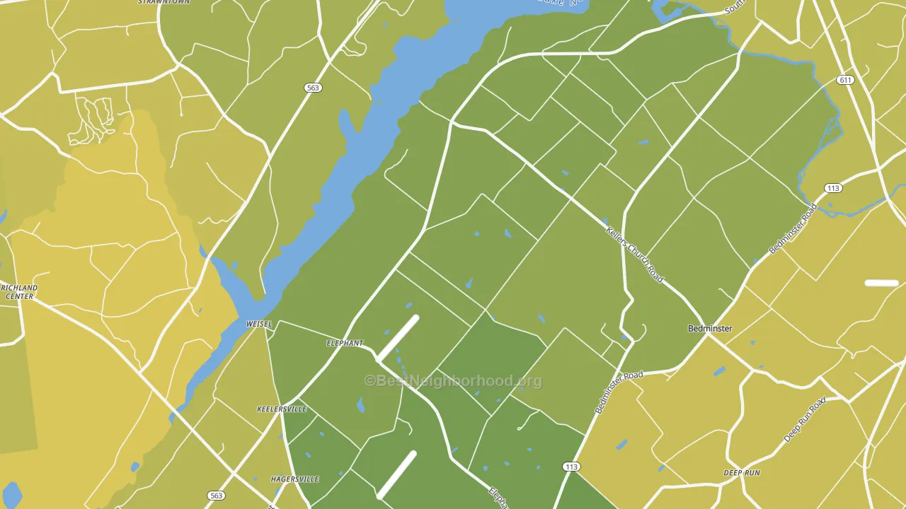 Map of the best neighborhoods in the Elephant area, with better matches in green and worse matches in red
