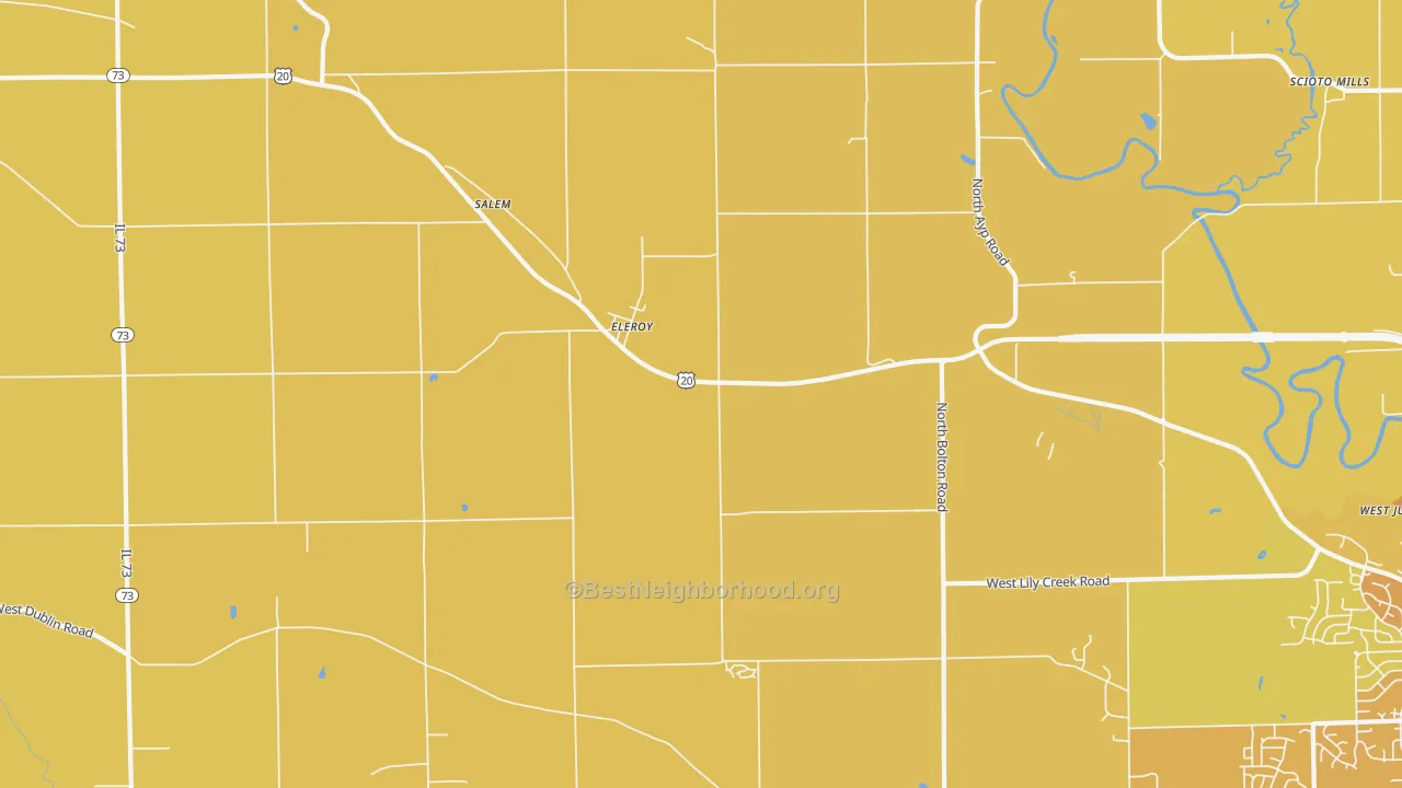 Map of the best neighborhoods in the Eleroy area, with better matches in green and worse matches in red