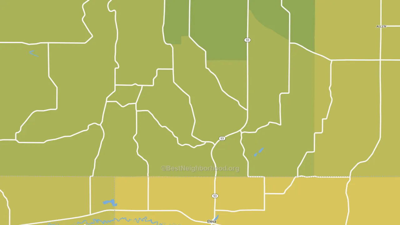 Map of the best neighborhoods in the Eleva area, with better matches in green and worse matches in red