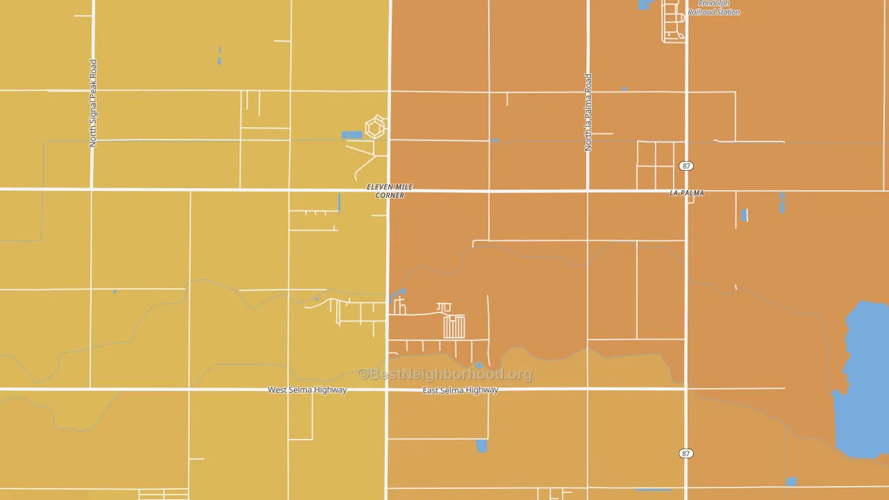 Map of the best neighborhoods in the Eleven Mile Corner area, with better matches in green and worse matches in red