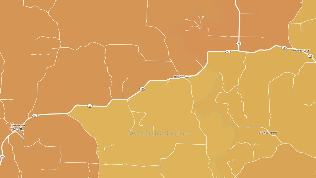 Map of the best neighborhoods in the Elevenpoint area, with better matches in green and worse matches in red