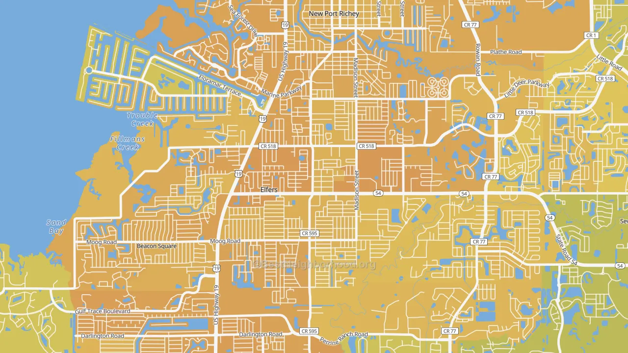 Map of the best neighborhoods in the Elfers area, with better matches in green and worse matches in red