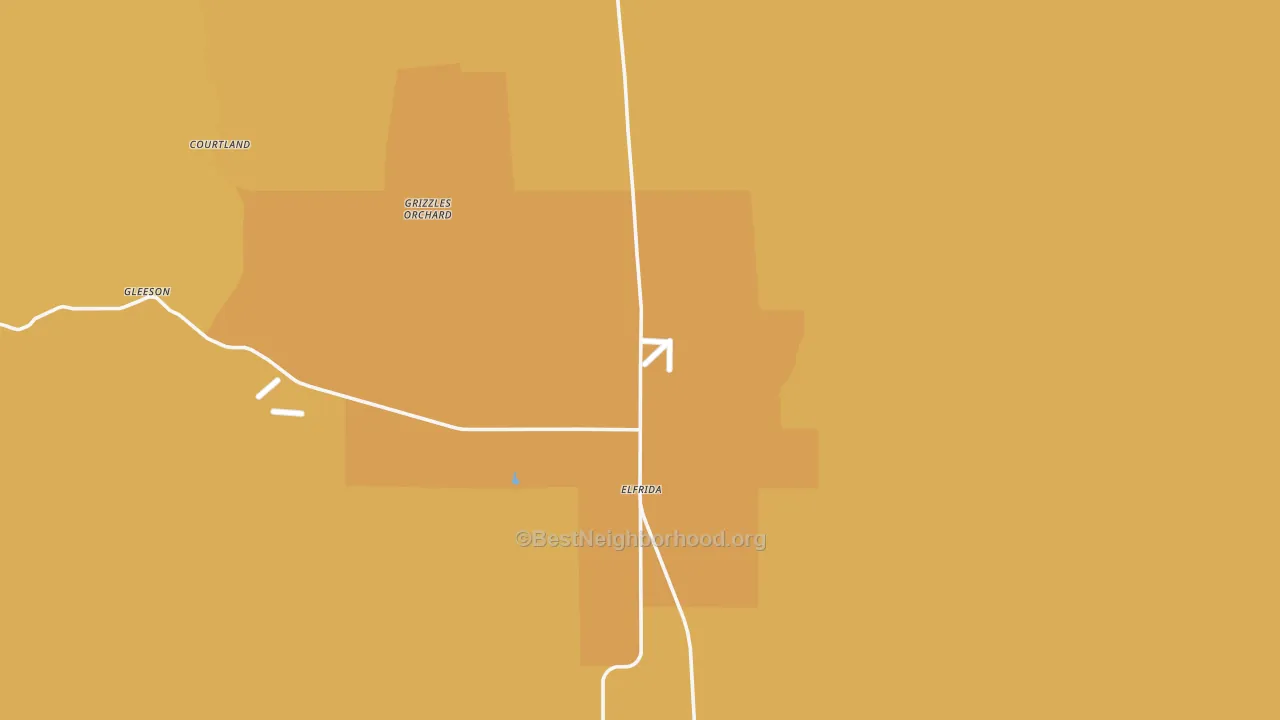 Map of the best neighborhoods in the Elfrida area, with better matches in green and worse matches in red