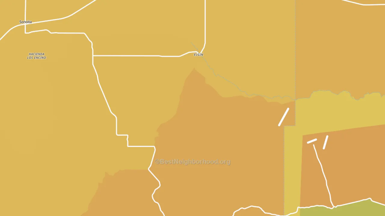 Map of the best neighborhoods in the Elgin area, with better matches in green and worse matches in red
