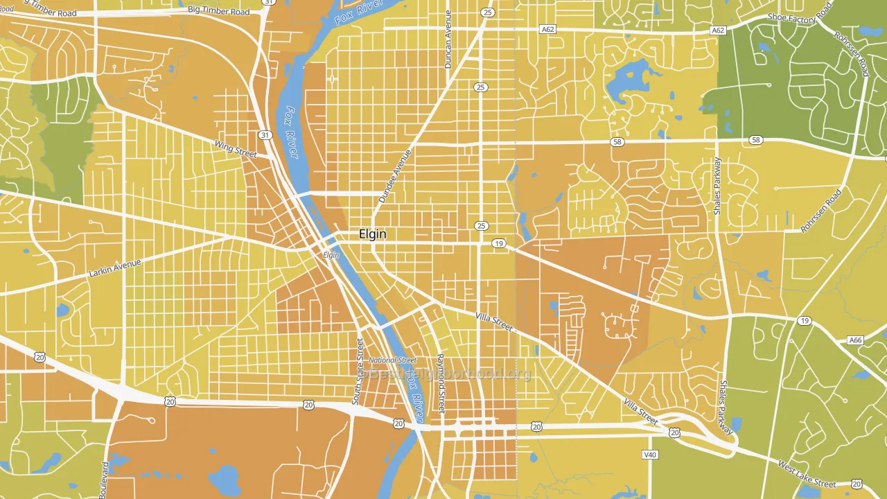 Map of the best neighborhoods in the Elgin Historic District, Elgin area, with better matches in green and worse matches in red