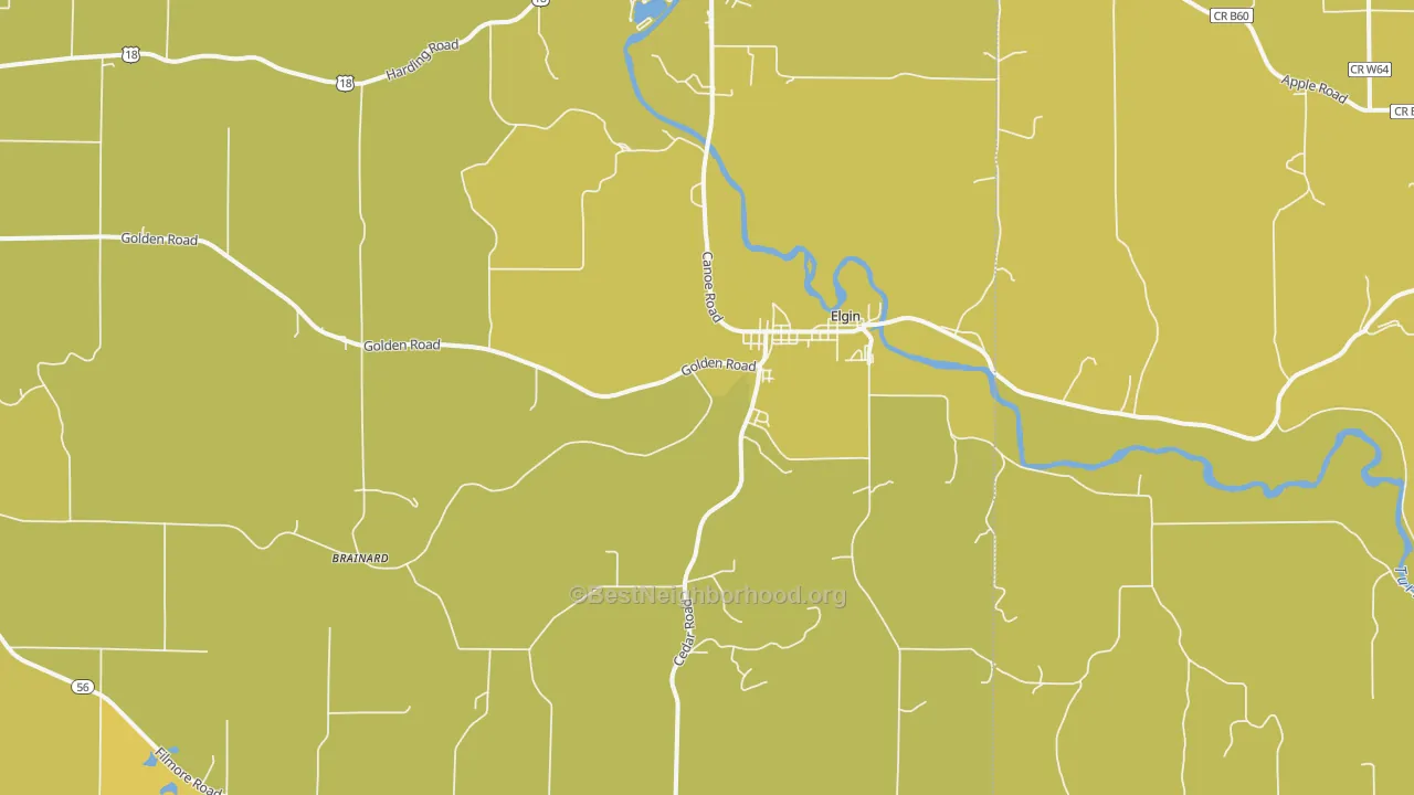 Map of the best neighborhoods in the Elgin area, with better matches in green and worse matches in red