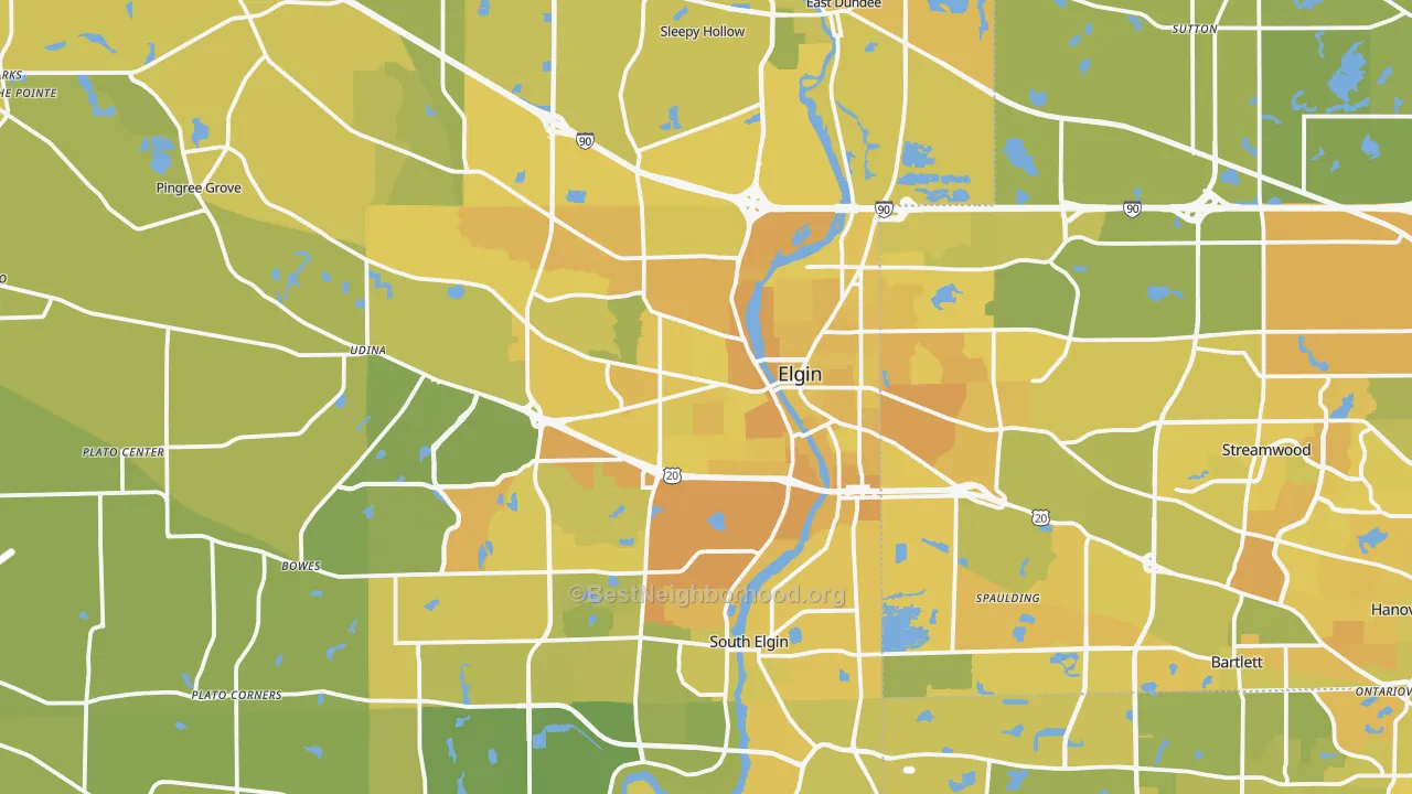 Map of the best neighborhoods in the Elgin area, with better matches in green and worse matches in red