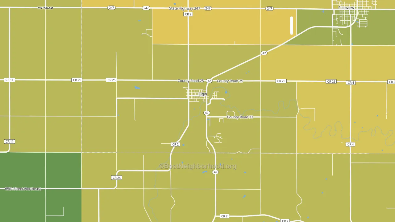 Map of the best neighborhoods in the Elgin area, with better matches in green and worse matches in red