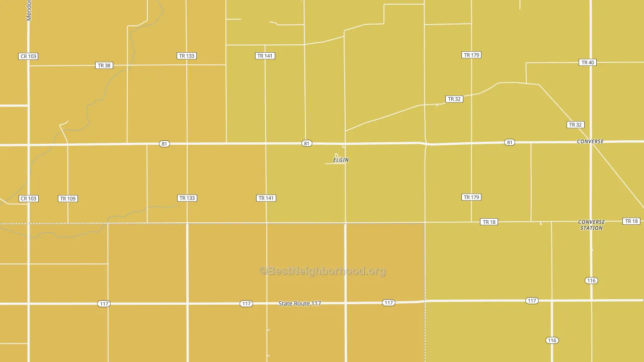 Map of the best neighborhoods in the Elgin area, with better matches in green and worse matches in red