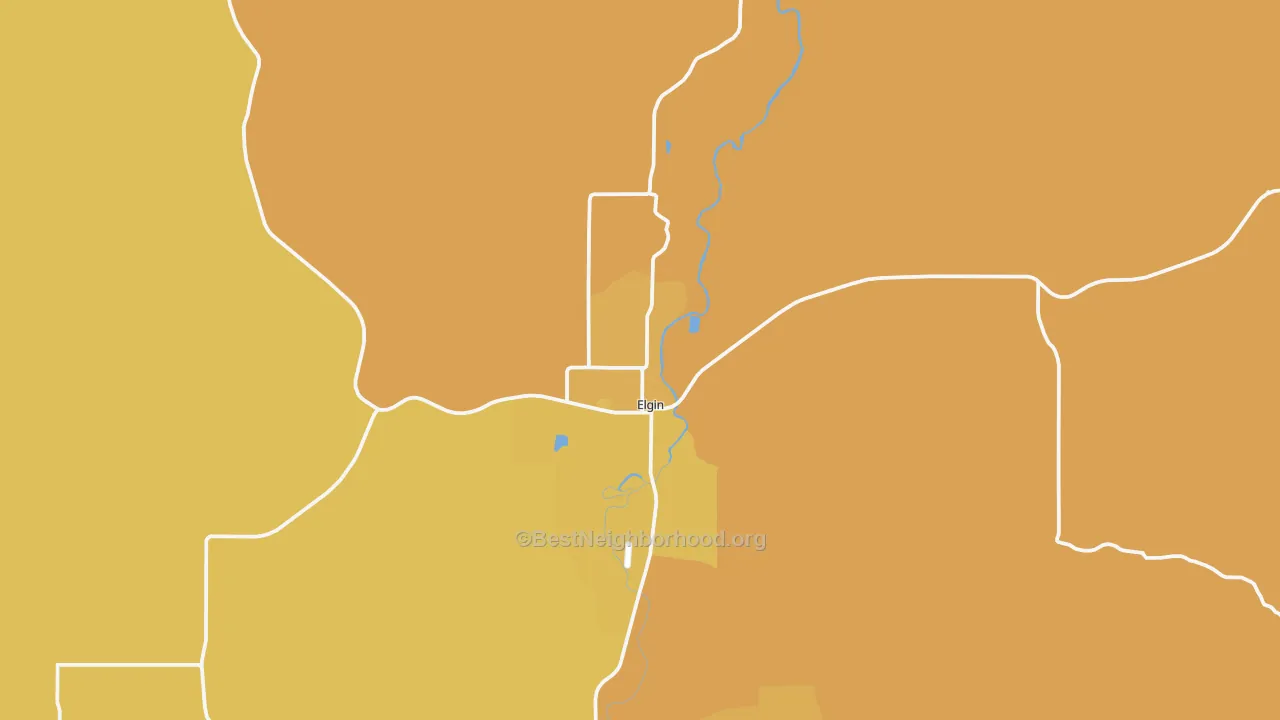 Map of the best neighborhoods in the Elgin area, with better matches in green and worse matches in red