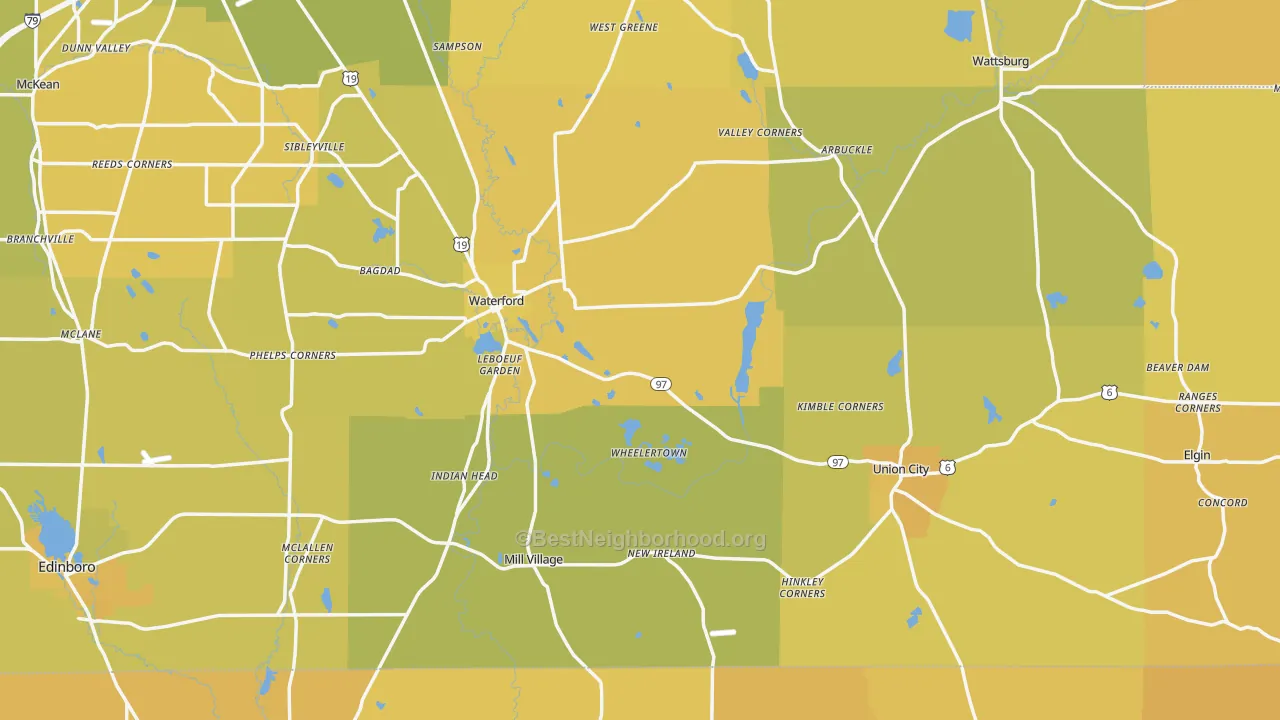 Map of the best neighborhoods in the Elgin area, with better matches in green and worse matches in red