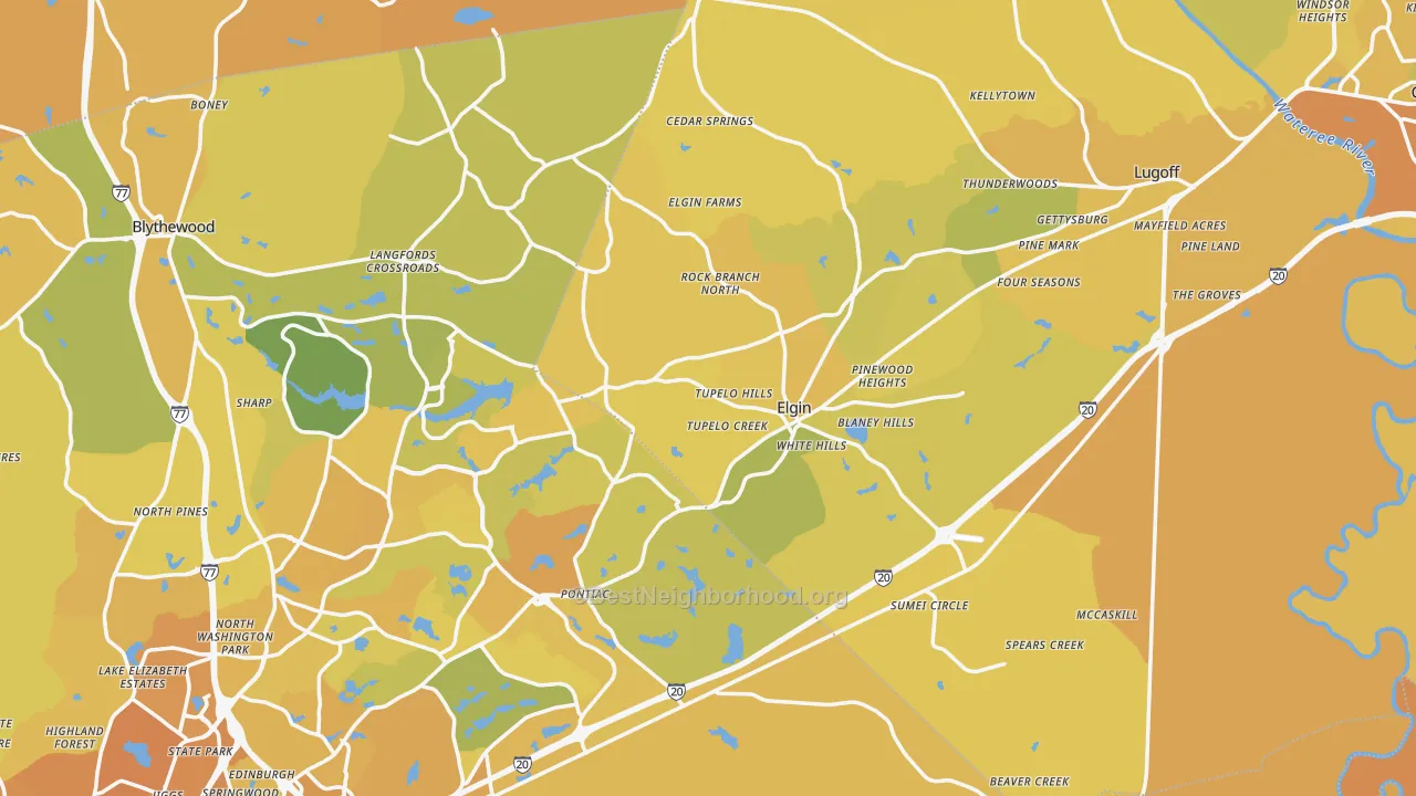 Map of the best neighborhoods in the Elgin area, with better matches in green and worse matches in red