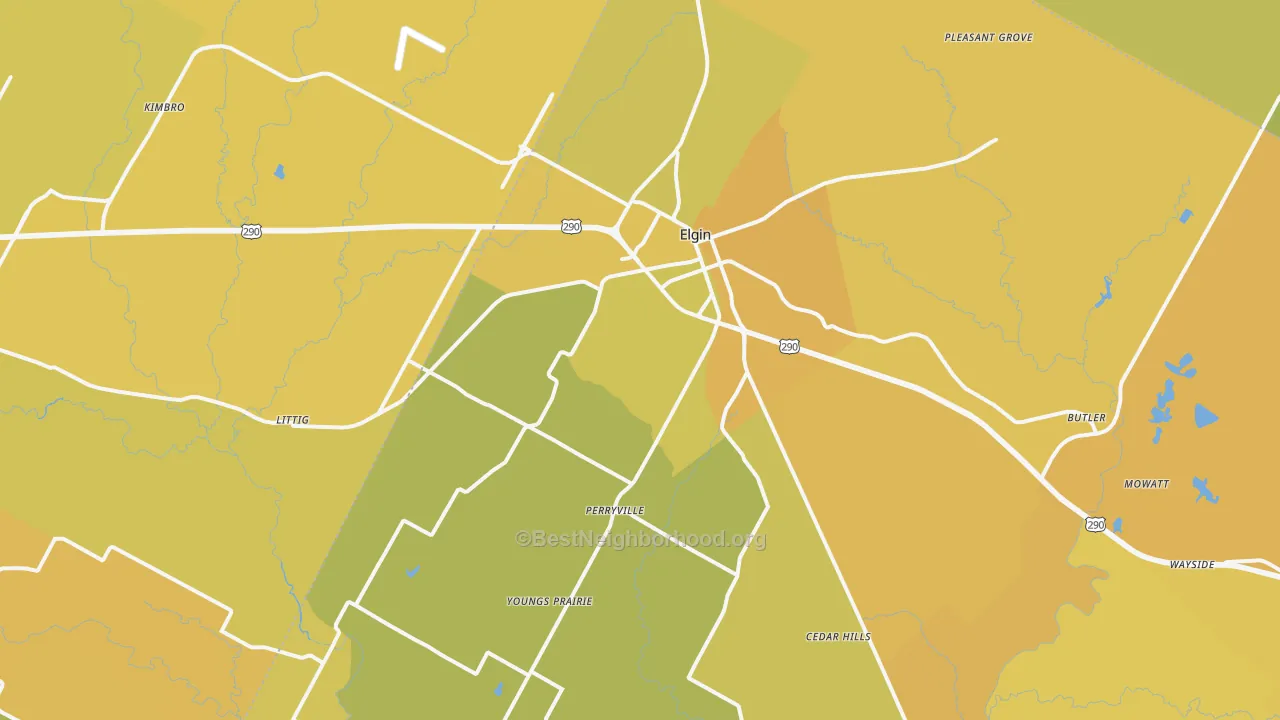 Map of the best neighborhoods in the Elgin area, with better matches in green and worse matches in red