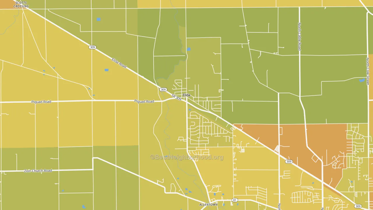 Map of the best neighborhoods in the Elida area, with better matches in green and worse matches in red