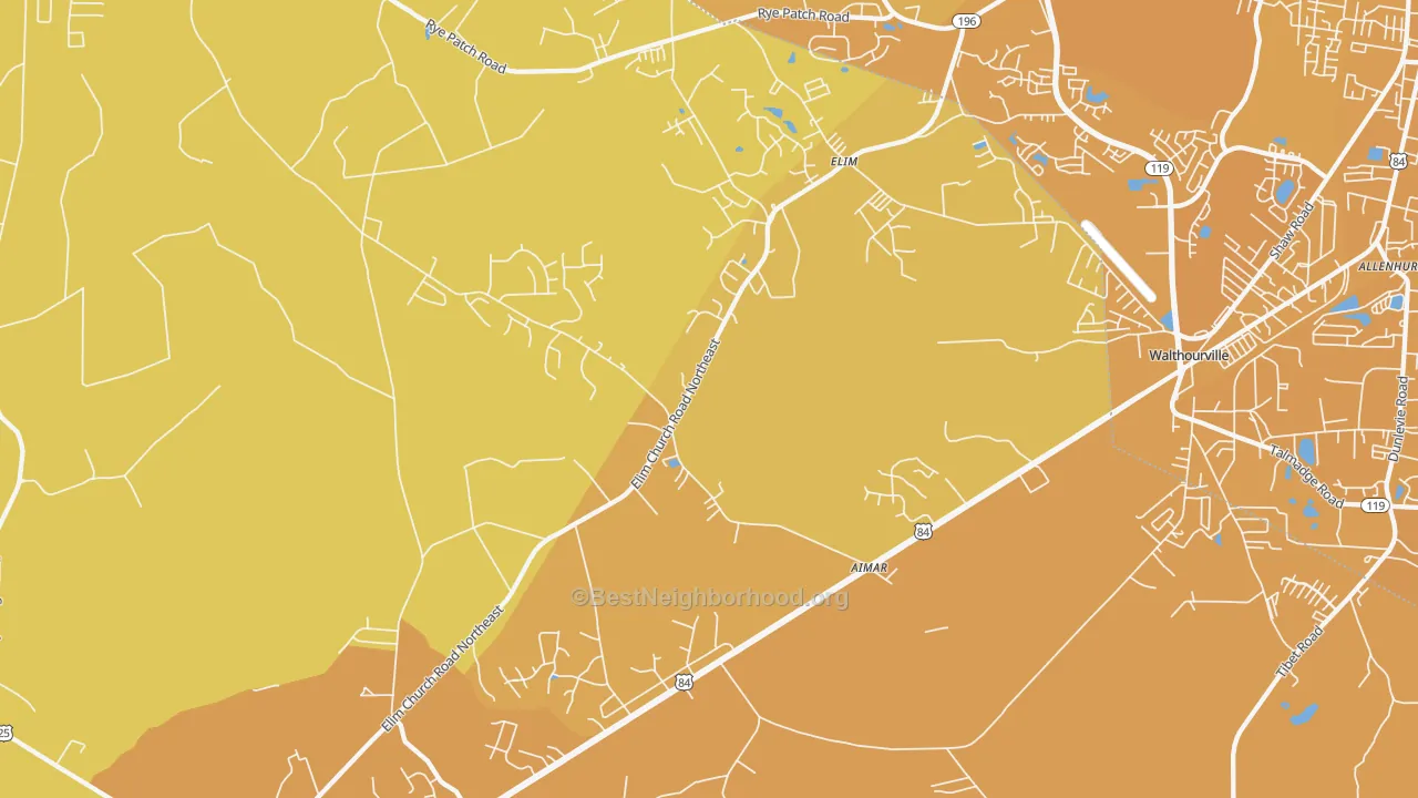 Map of the best neighborhoods in the Elim area, with better matches in green and worse matches in red