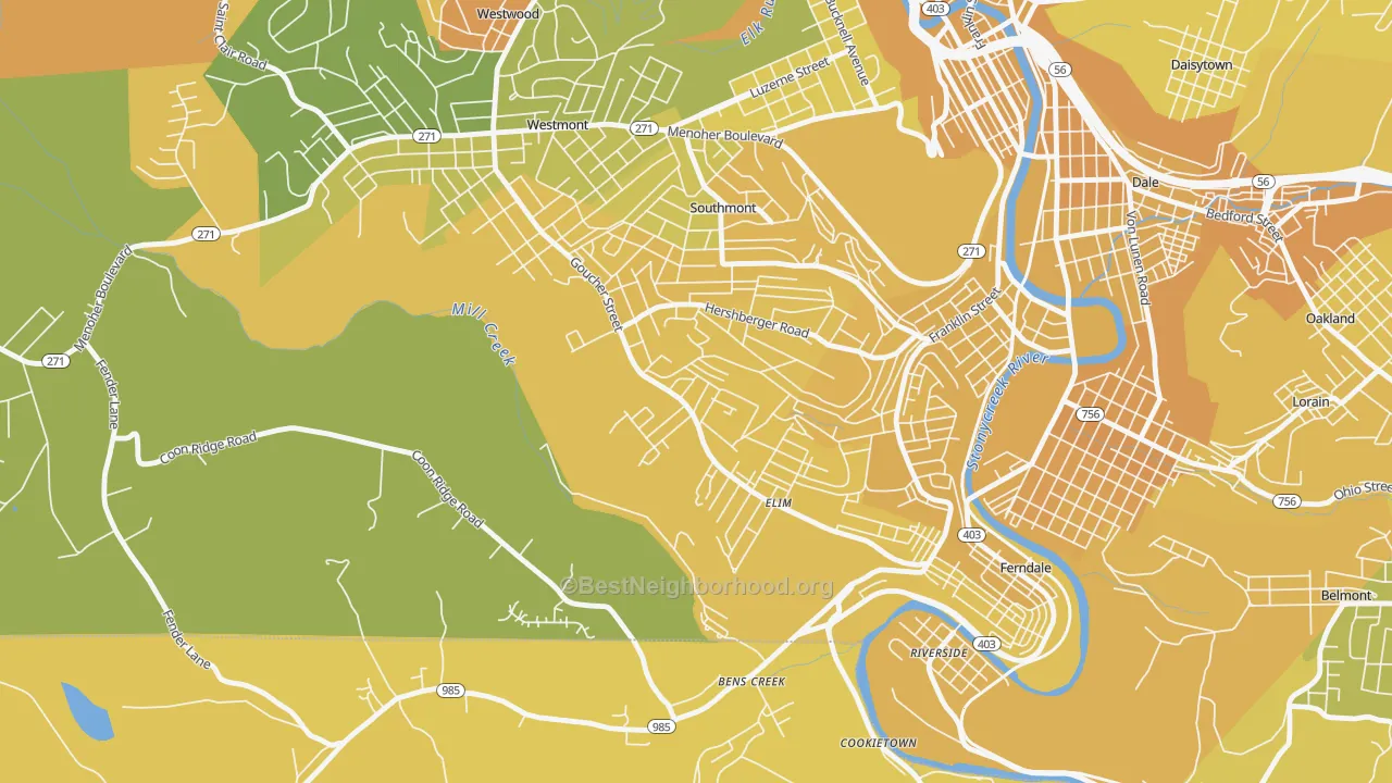Map of the best neighborhoods in the Elim area, with better matches in green and worse matches in red