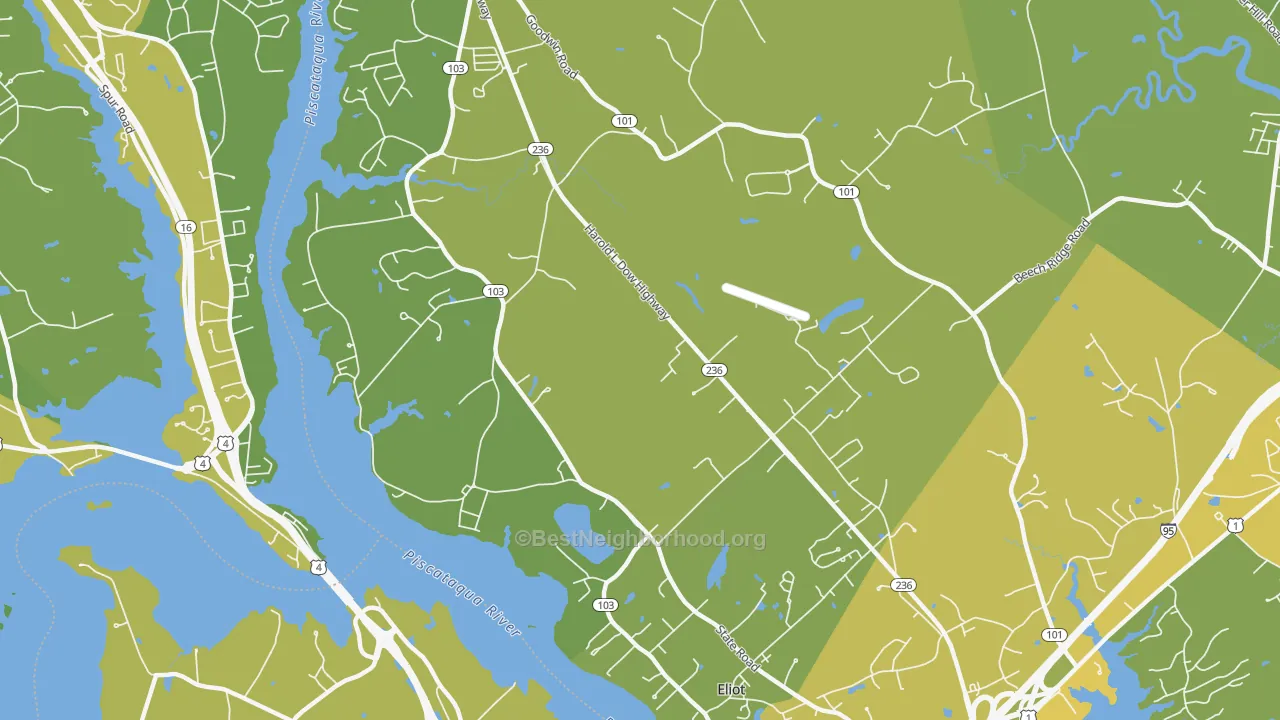 Map of the best neighborhoods in the Eliot area, with better matches in green and worse matches in red