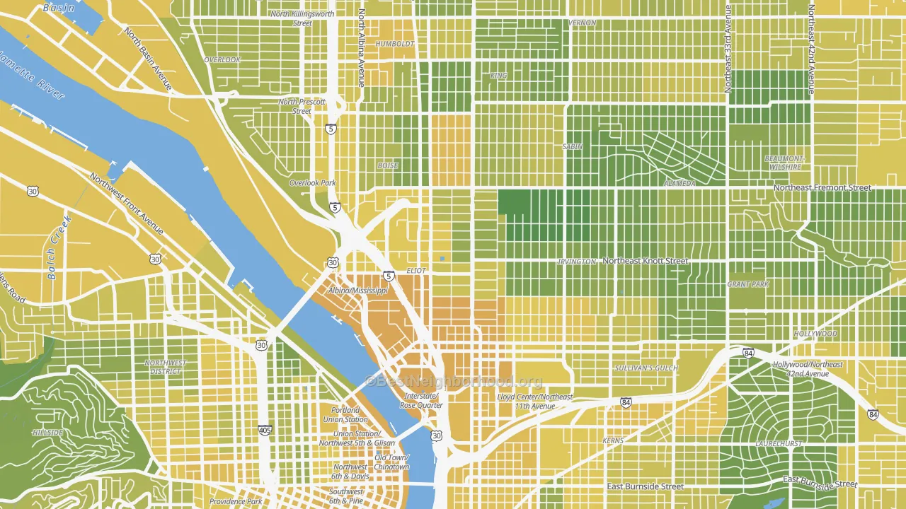 Map of the best neighborhoods in the Eliot, Portland area, with better matches in green and worse matches in red