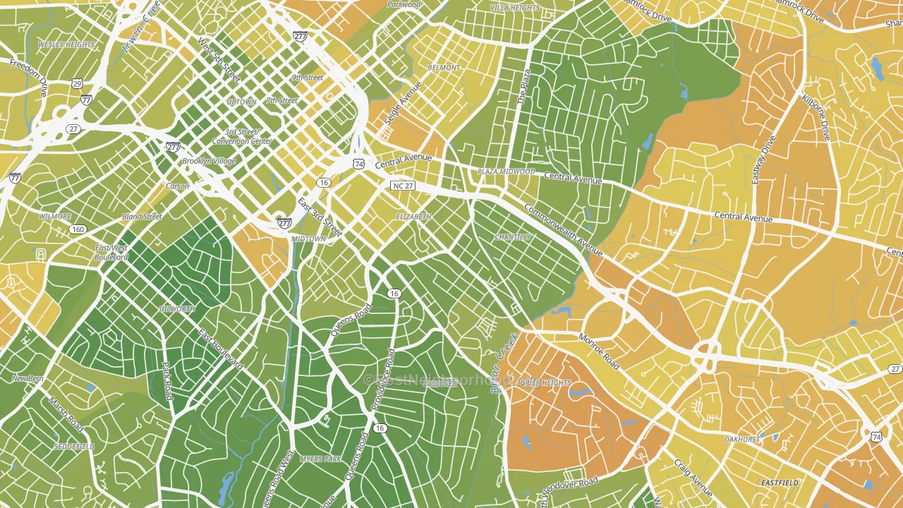 Map of the best neighborhoods in the Elizabeth, Charlotte area, with better matches in green and worse matches in red