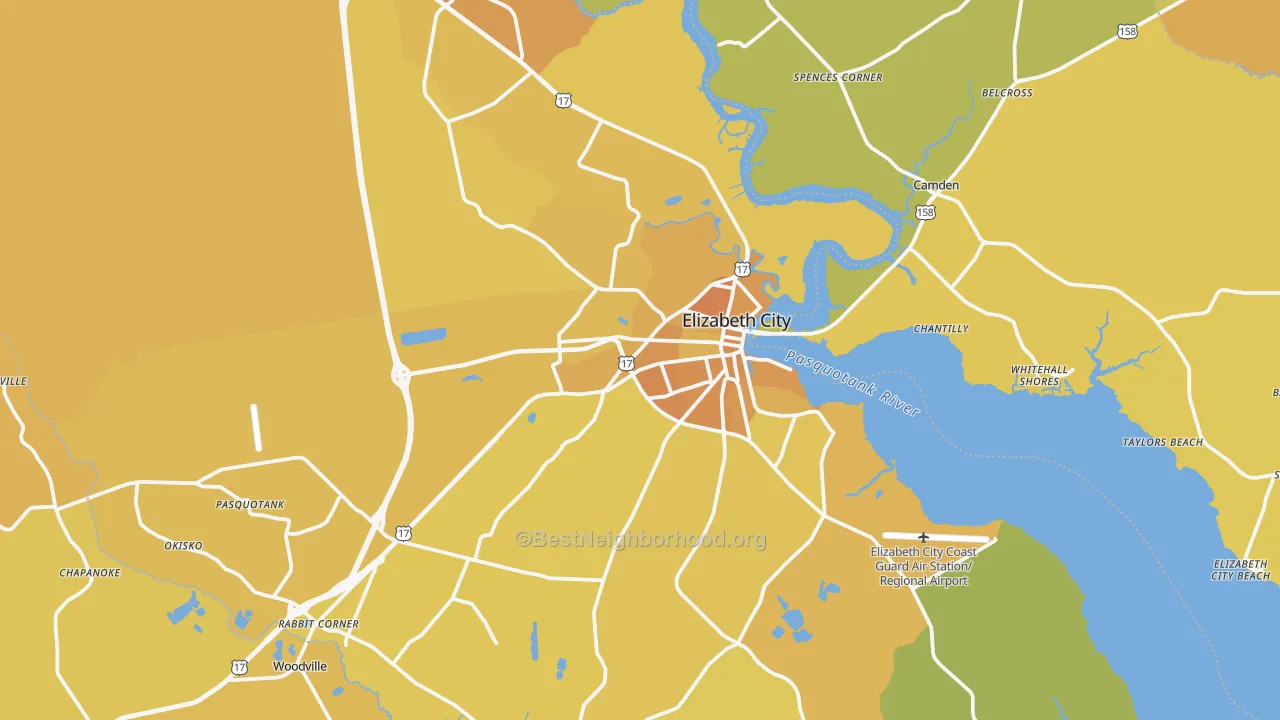 Map of the best neighborhoods in the Elizabeth City area, with better matches in green and worse matches in red