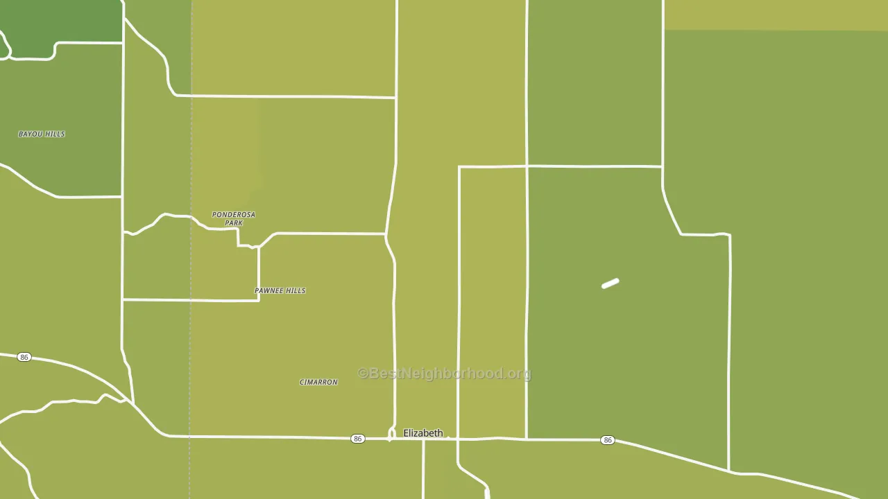 Map of the best neighborhoods in the Elizabeth area, with better matches in green and worse matches in red