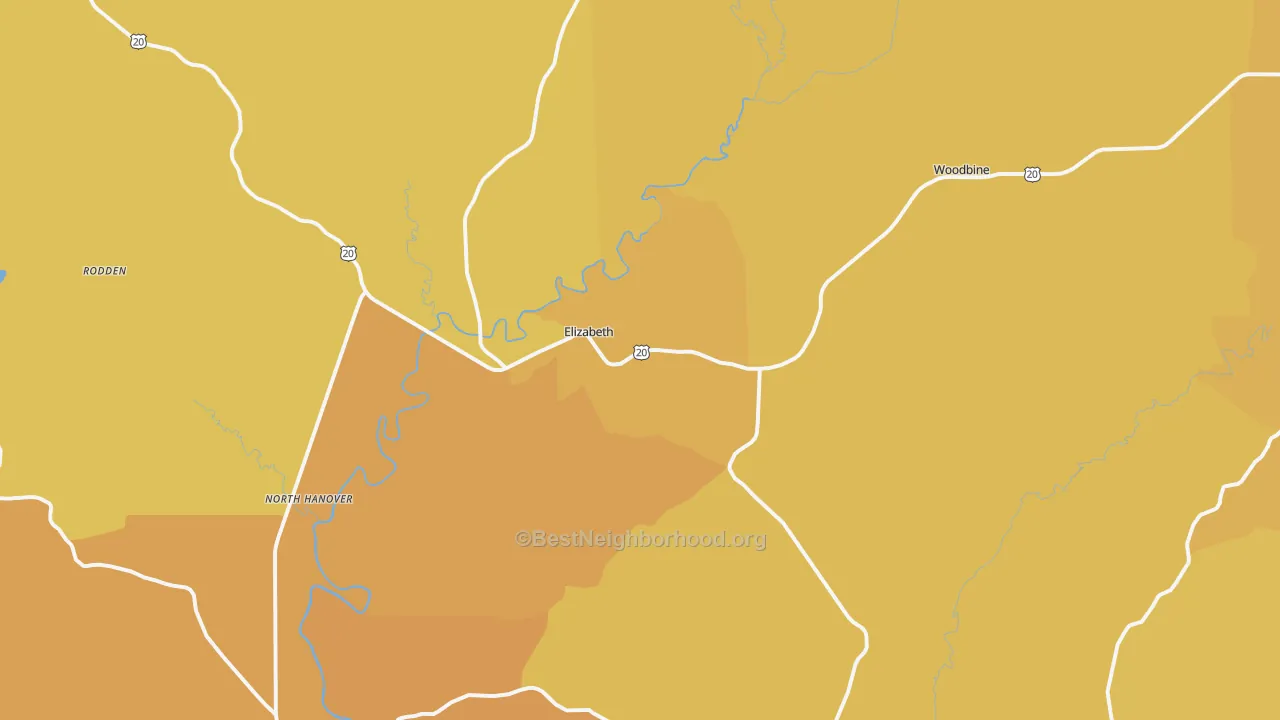 Map of the best neighborhoods in the Elizabeth area, with better matches in green and worse matches in red