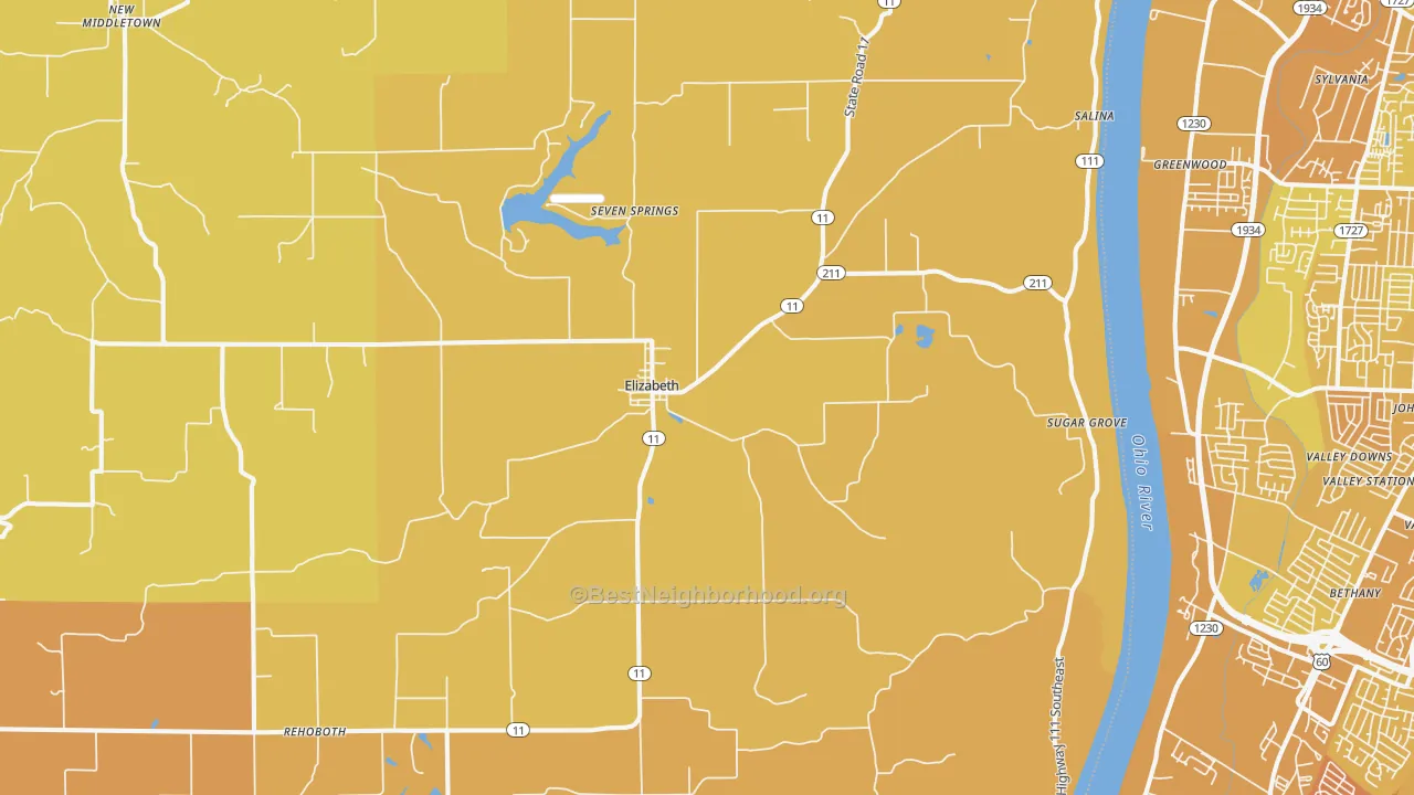 Map of the best neighborhoods in the Elizabeth area, with better matches in green and worse matches in red