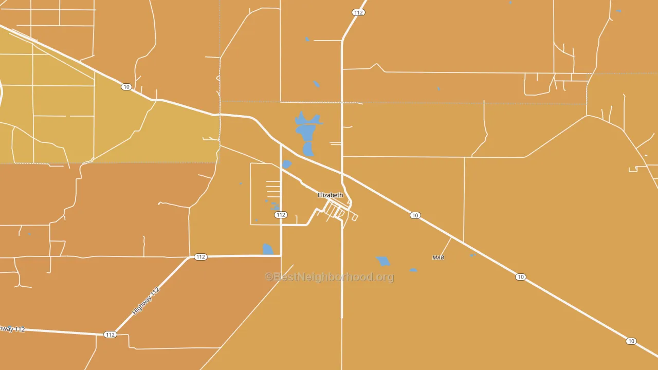 Map of the best neighborhoods in the Elizabeth area, with better matches in green and worse matches in red