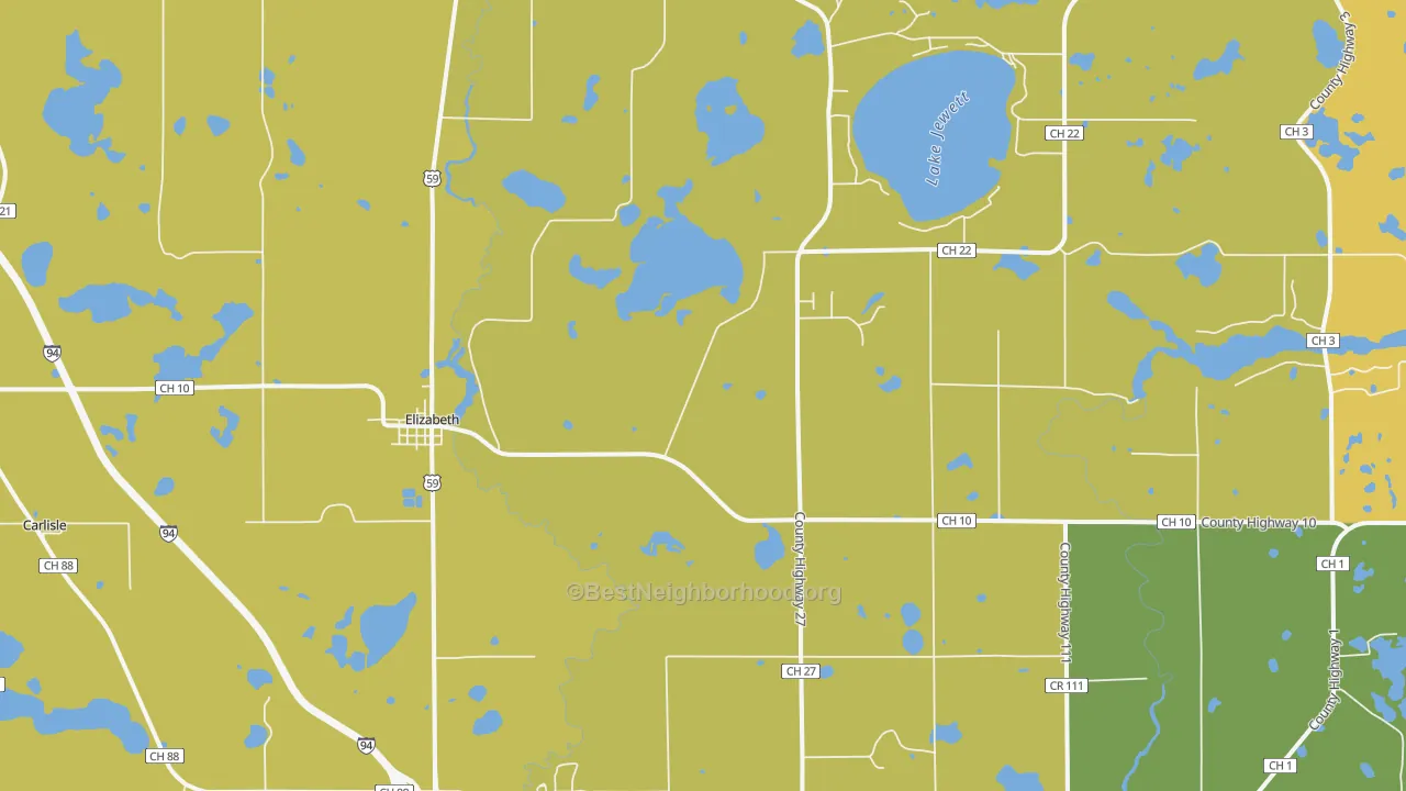 Map of the best neighborhoods in the Elizabeth area, with better matches in green and worse matches in red