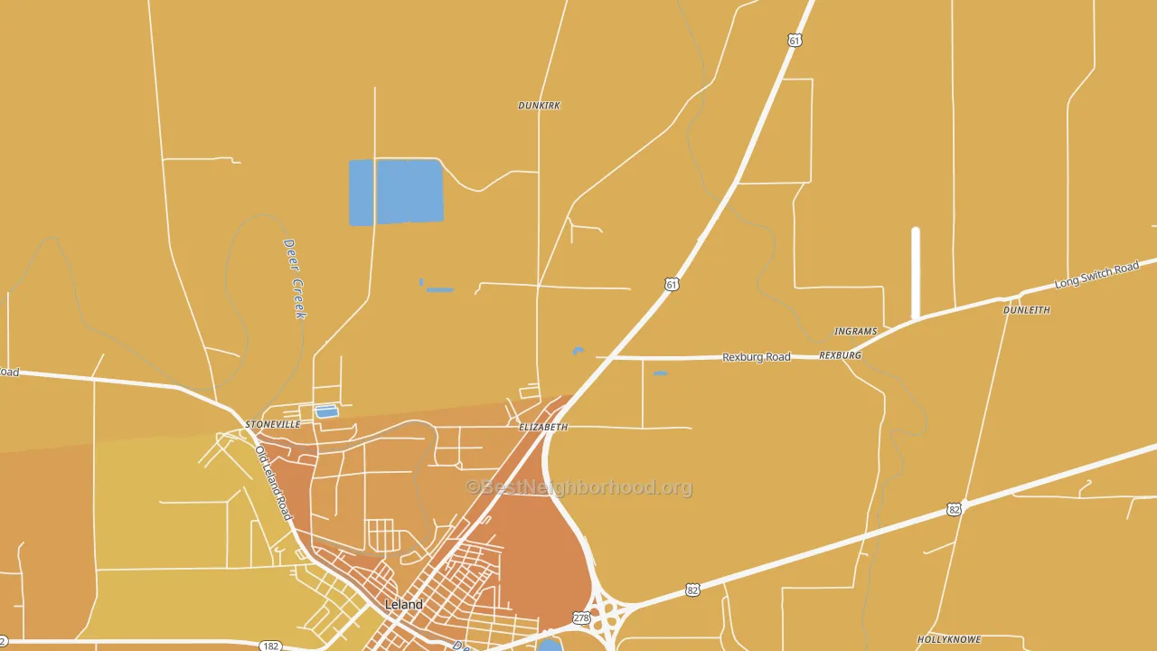 Map of the best neighborhoods in the Elizabeth area, with better matches in green and worse matches in red