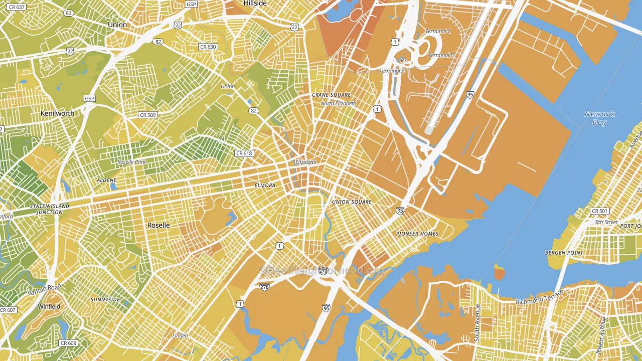 Map of the best neighborhoods in the Elizabeth area, with better matches in green and worse matches in red