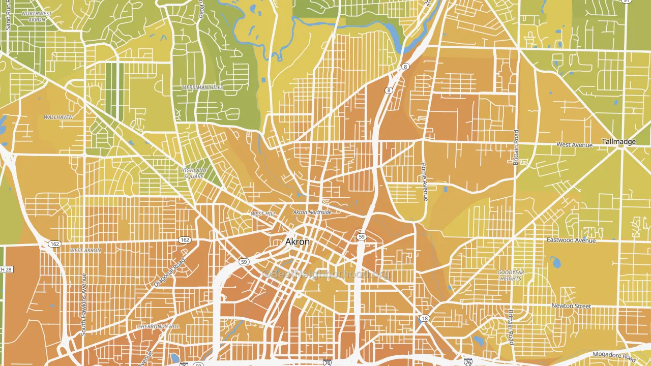 Map of the best neighborhoods in the Elizabeth Park Valley, Akron area, with better matches in green and worse matches in red