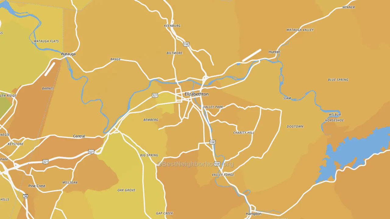 Map of the best neighborhoods in the Elizabethton area, with better matches in green and worse matches in red