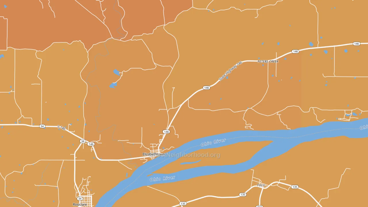 Map of the best neighborhoods in the Elizabethtown area, with better matches in green and worse matches in red