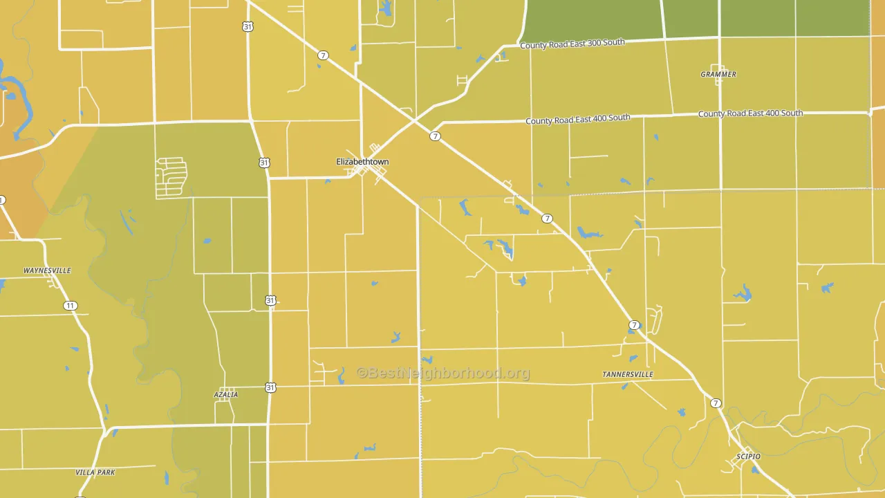 Map of the best neighborhoods in the Elizabethtown area, with better matches in green and worse matches in red