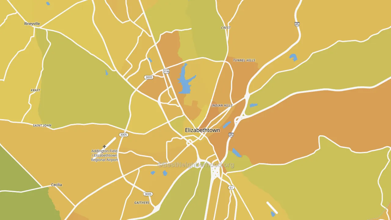 Map of the best neighborhoods in the Elizabethtown Metro area, with better matches in green and worse matches in red