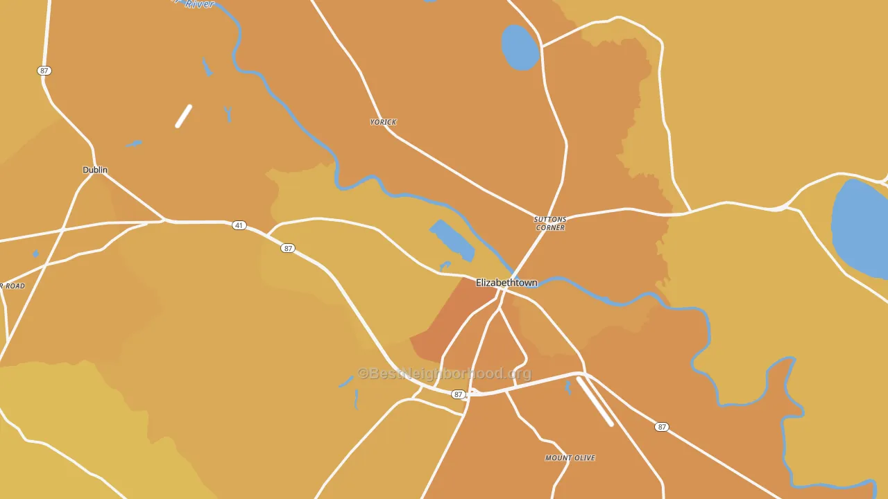 Map of the best neighborhoods in the Elizabethtown area, with better matches in green and worse matches in red