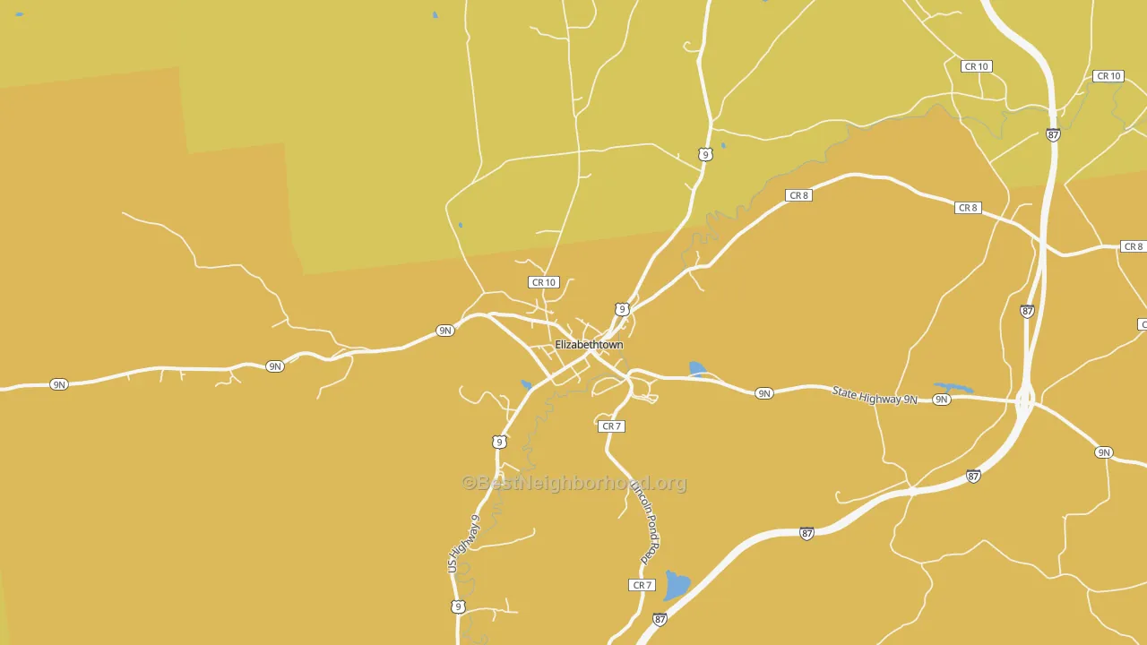 Map of the best neighborhoods in the Elizabethtown area, with better matches in green and worse matches in red