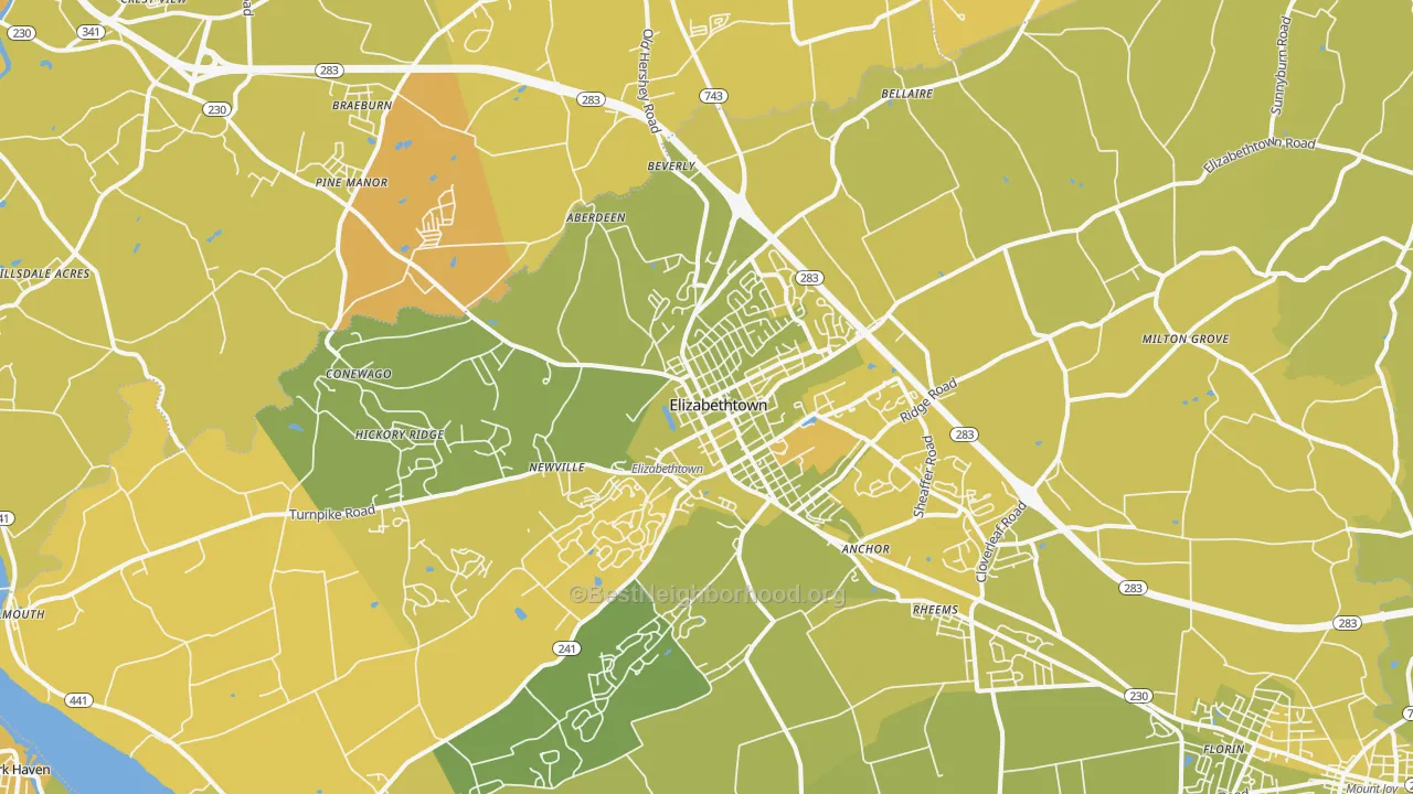Map of the best neighborhoods in the Elizabethtown area, with better matches in green and worse matches in red
