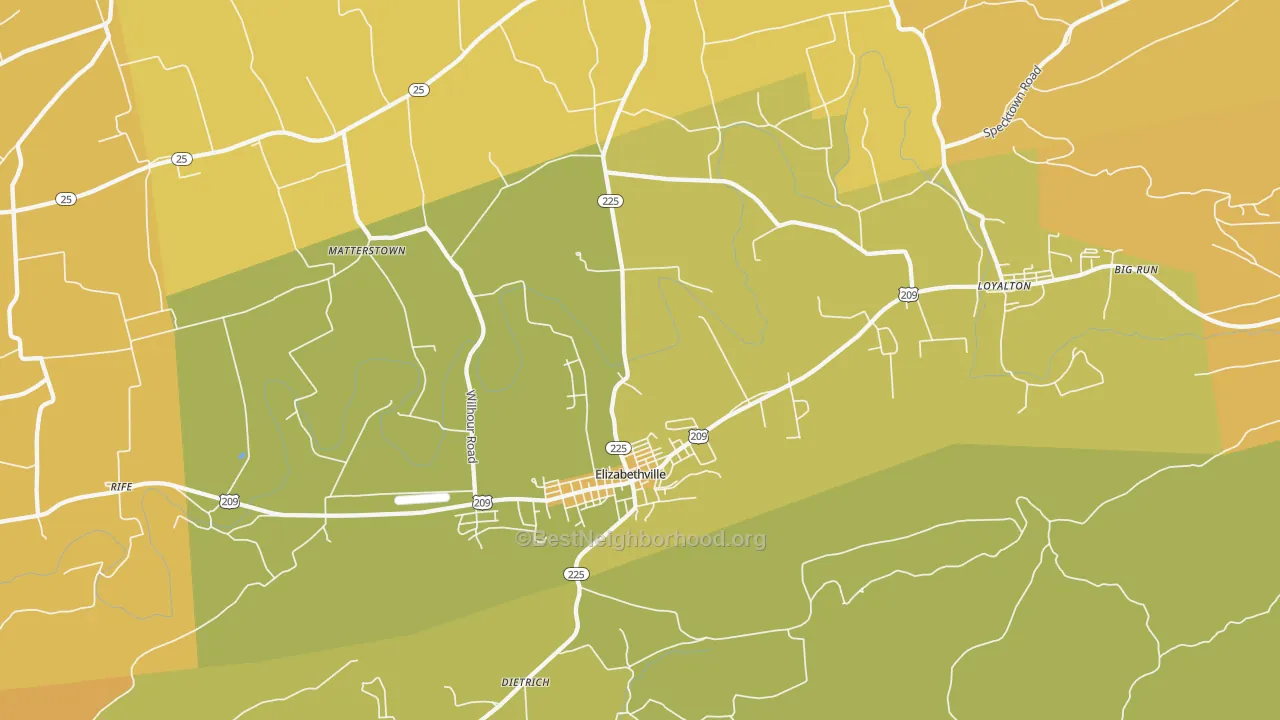Map of the best neighborhoods in the Elizabethville area, with better matches in green and worse matches in red