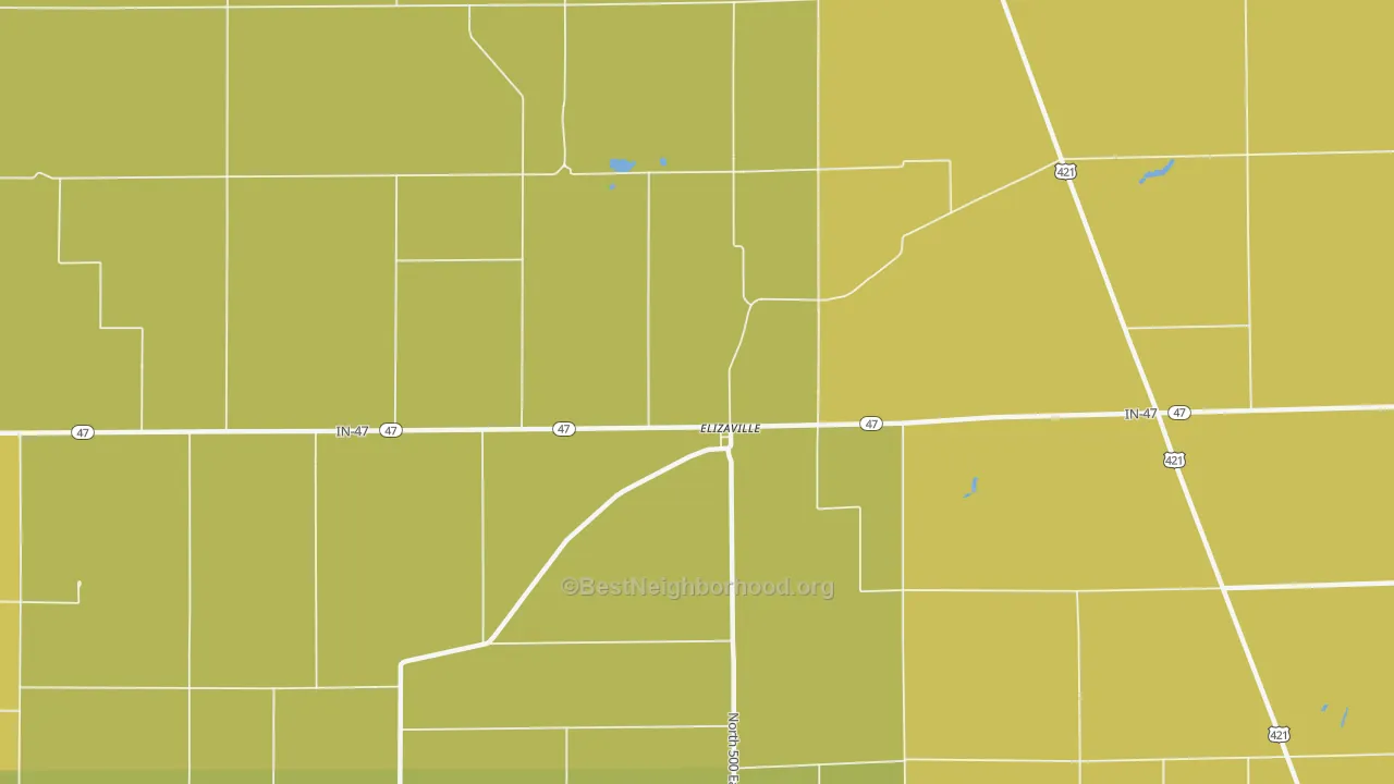 Map of the best neighborhoods in the Elizaville area, with better matches in green and worse matches in red