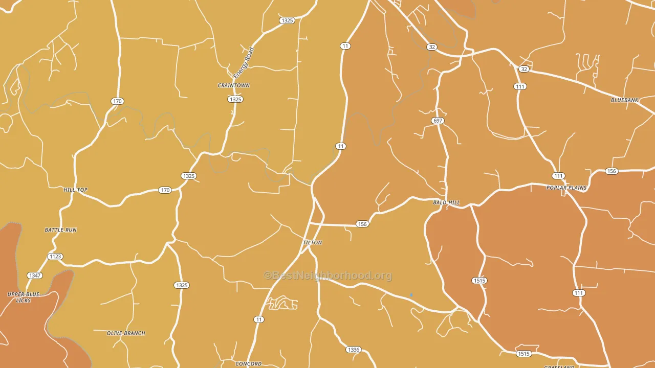 Map of the best neighborhoods in the Elizaville area, with better matches in green and worse matches in red