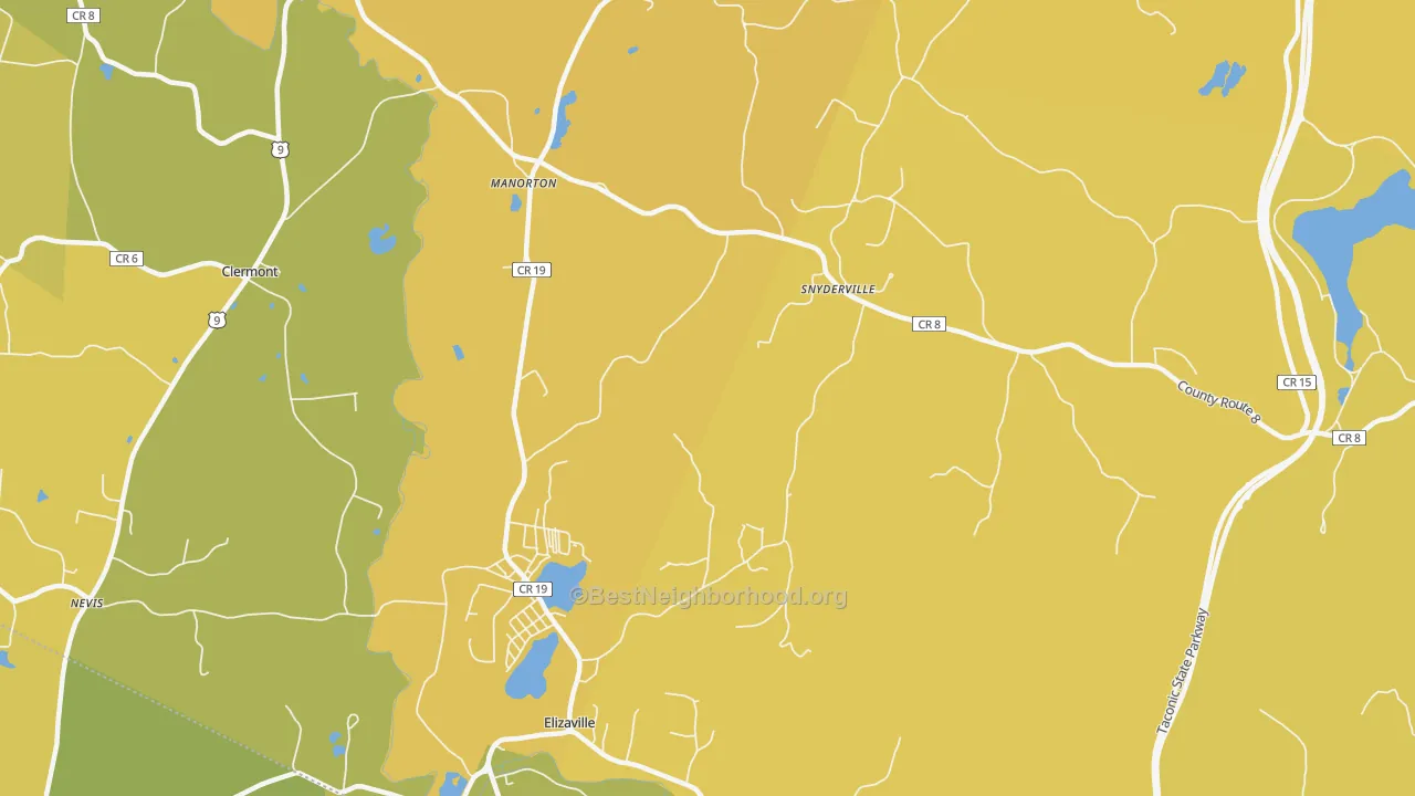 Map of the best neighborhoods in the Elizaville area, with better matches in green and worse matches in red