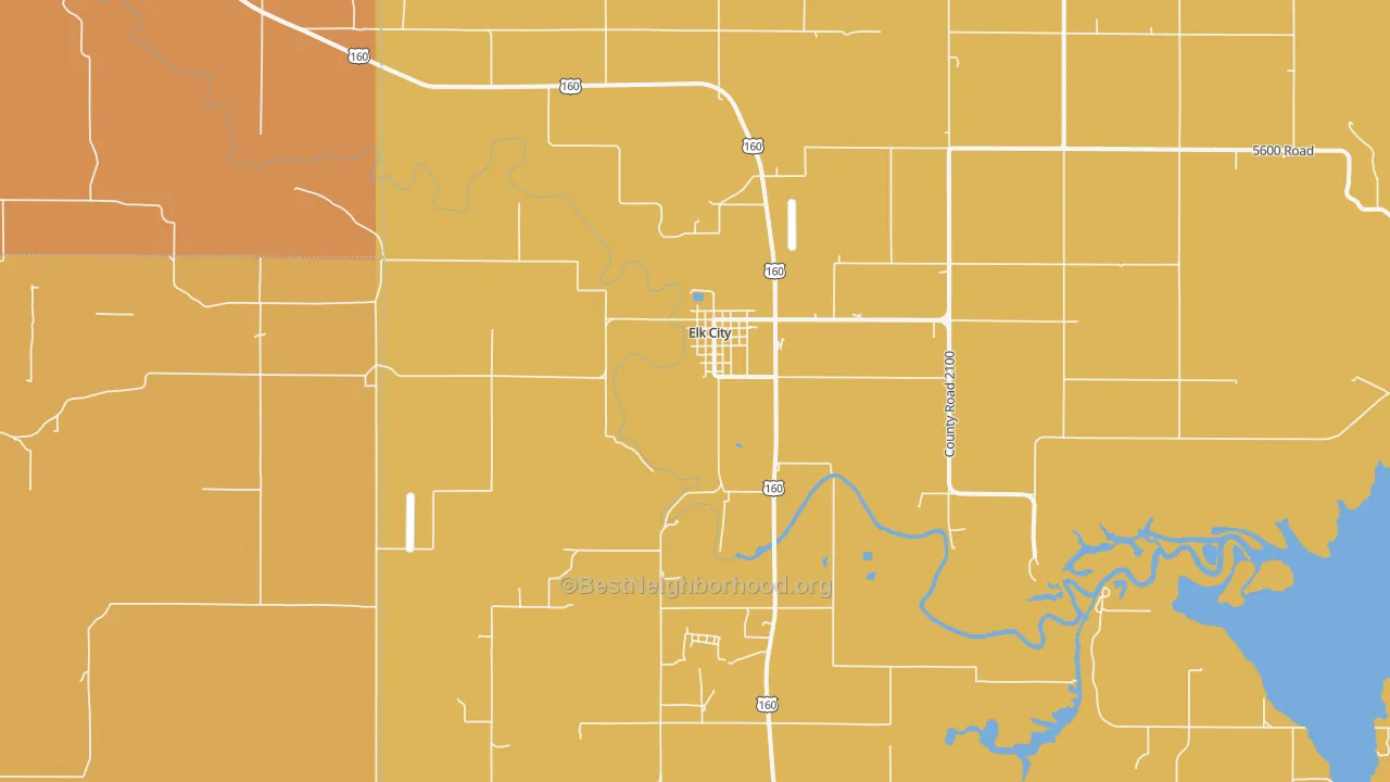 Map of the best neighborhoods in the Elk City area, with better matches in green and worse matches in red