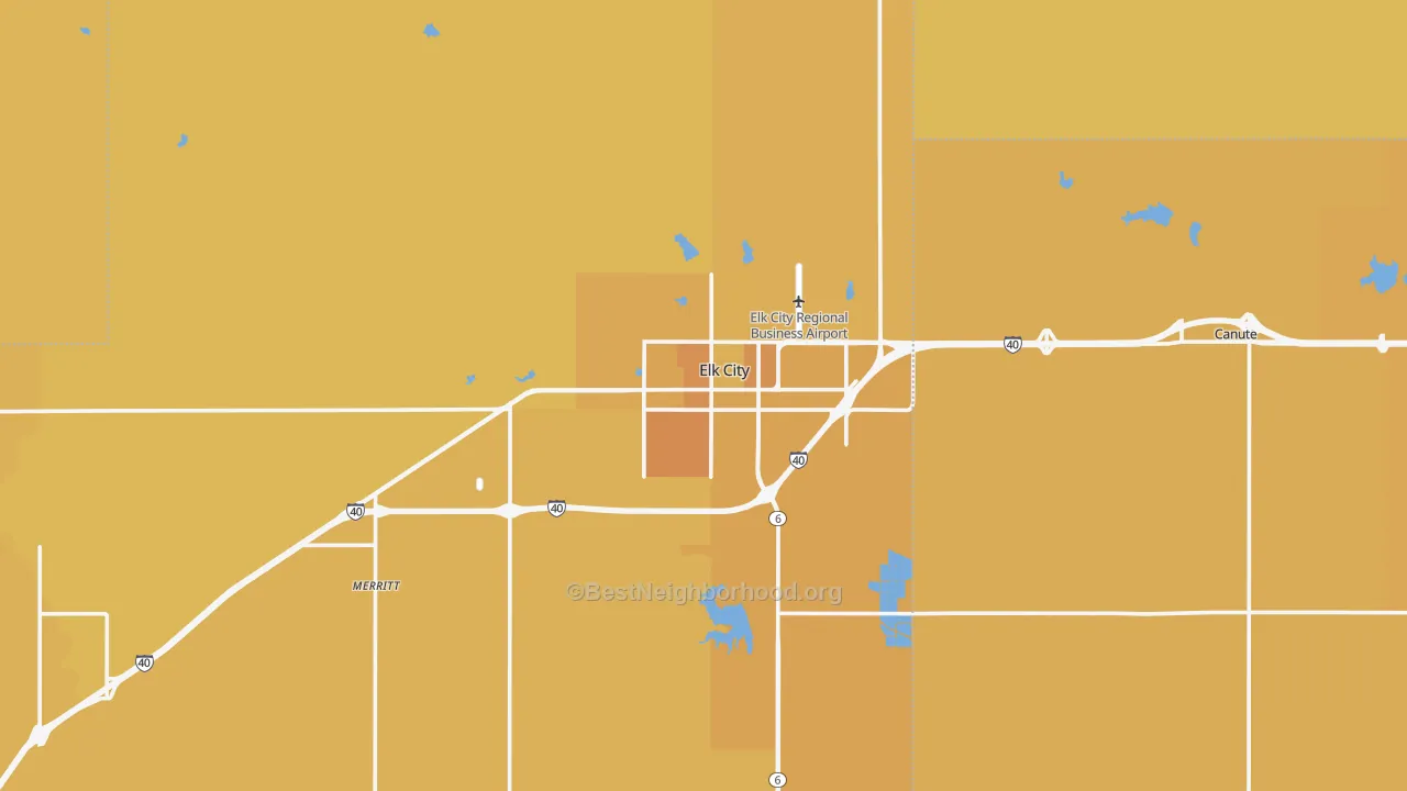 Map of the best neighborhoods in the Elk City area, with better matches in green and worse matches in red