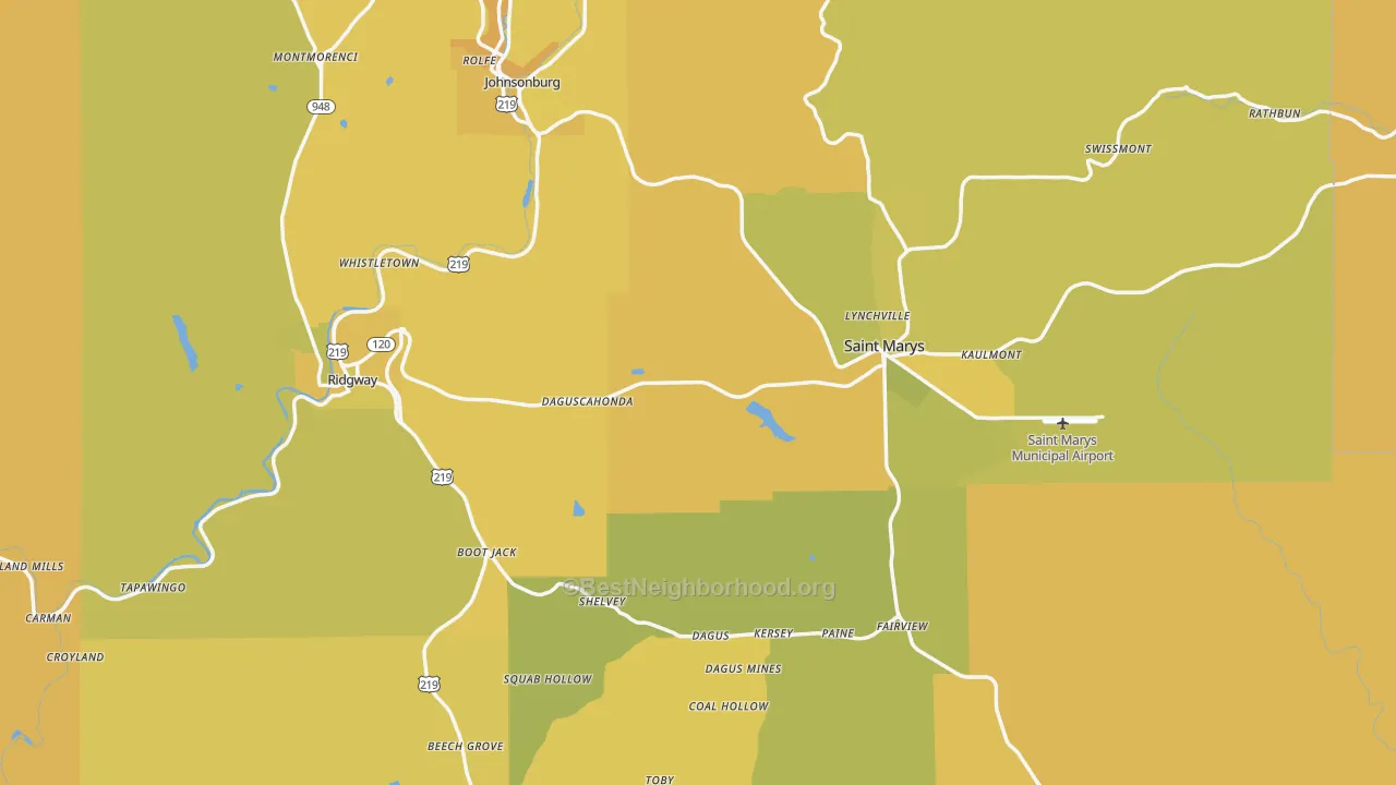Map of the best neighborhoods in the Elk County area, with better matches in green and worse matches in red