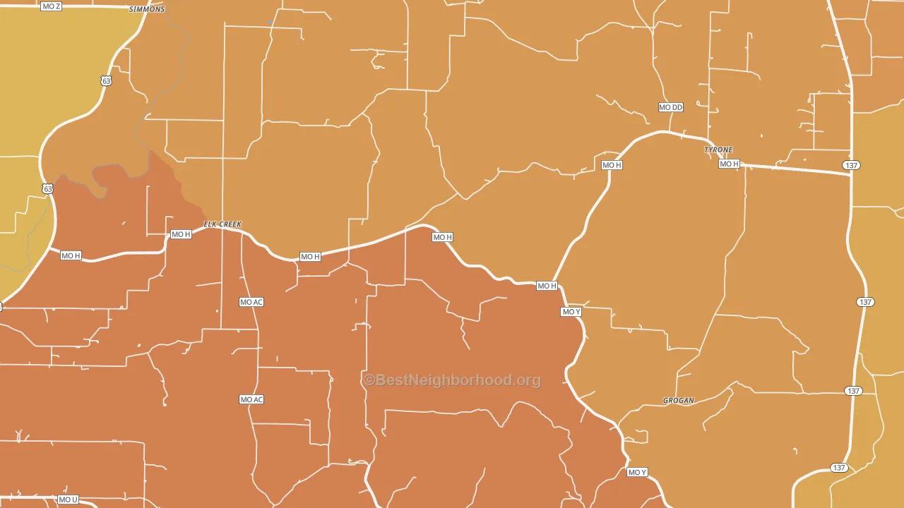 Map of the best neighborhoods in the Elk Creek area, with better matches in green and worse matches in red