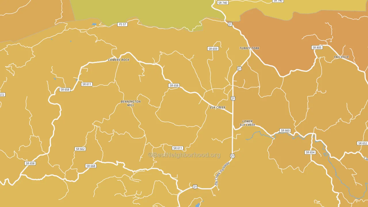 Map of the best neighborhoods in the Elk Creek area, with better matches in green and worse matches in red