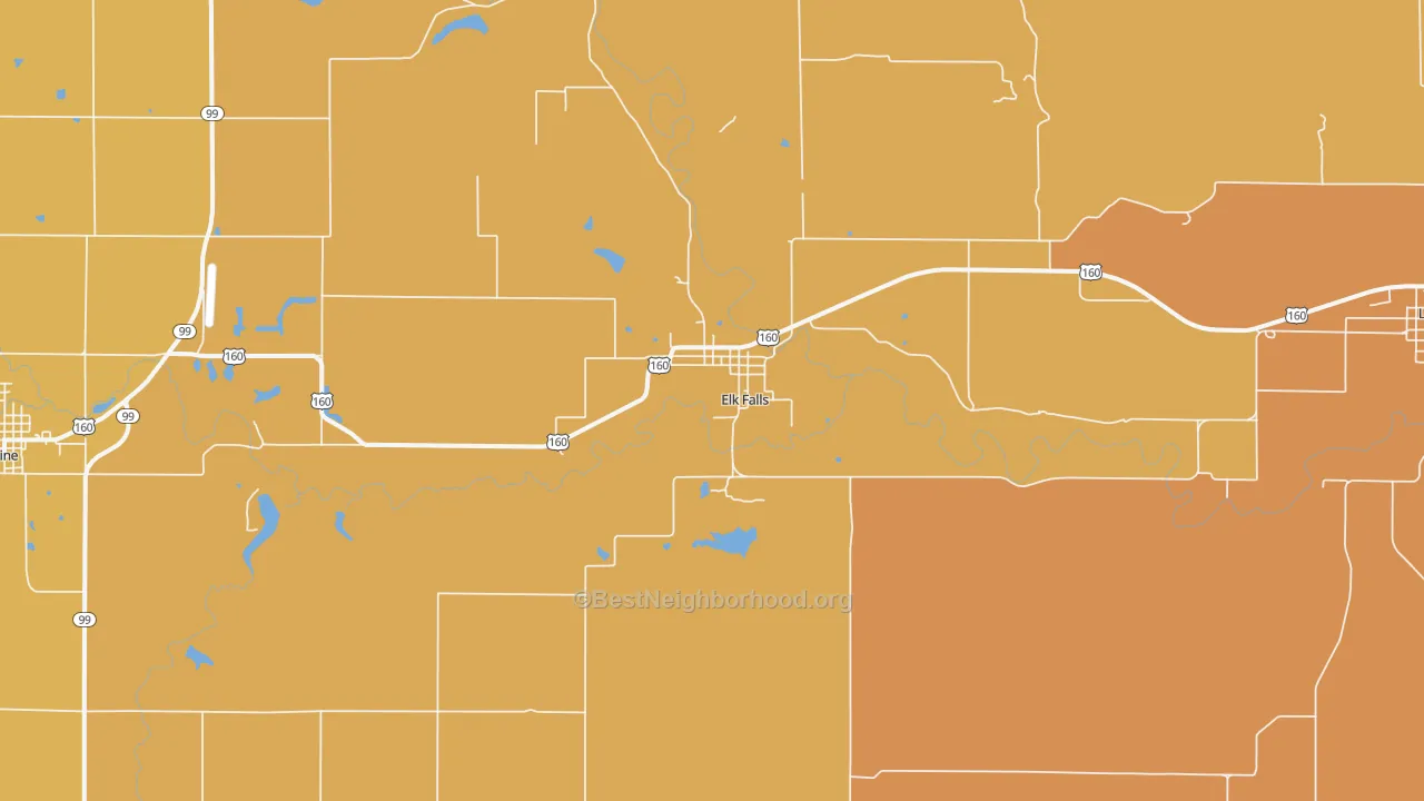 Map of the best neighborhoods in the Elk Falls area, with better matches in green and worse matches in red