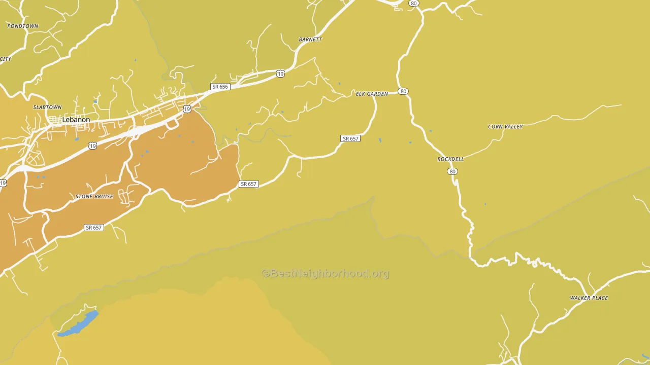 Map of the best neighborhoods in the Elk Garden area, with better matches in green and worse matches in red